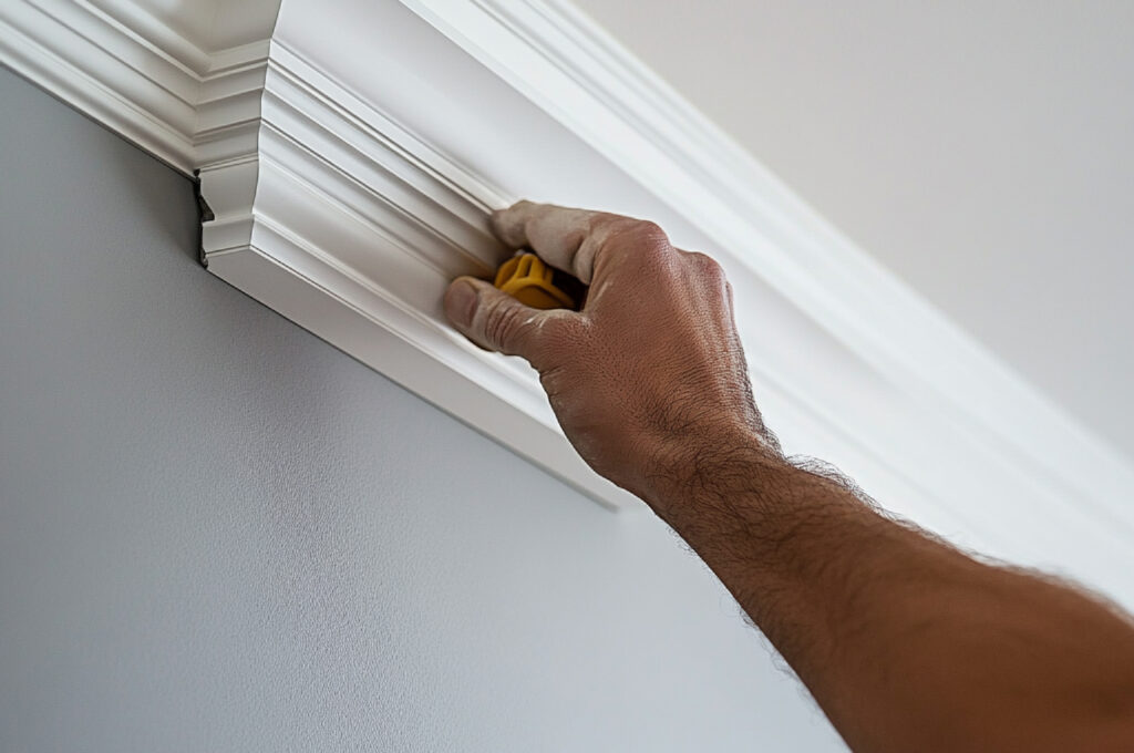 person-adding-crown-molding-trim-room-finished-look